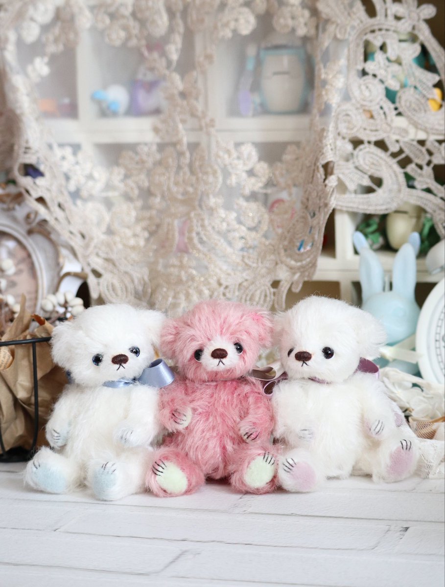 テディベア ミニチュア 作家様 ちびくまちゃんとちびうさちゃんのセット♪ 抽選販売しておりましたちびベアちゃん3体とも素敵なおうちが見つかり