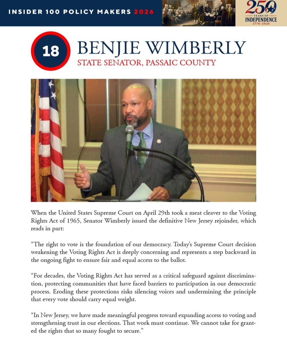 BenjieWimberly's tweet photo. I want to thank @INSIDER__NJ for including me in their top 100 Policy Makers for 2026! #LD35 https://t.co/Yb3xx52eOc