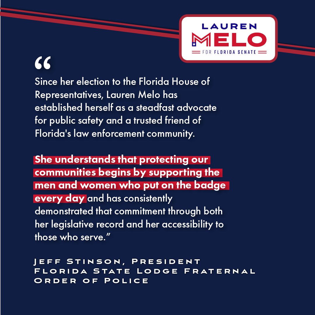 LaurenMeloFL's tweet photo. I am thrilled to have earned the endorsement of the Florida State Lodge Fraternal Order of Police (@FOPFL) and their more than 25,000 members across our state. 

Having the support of law enforcement in my campaign for Florida Senate District 28 is of the utmost importance to me. As the mother of a law enforcement officer, I know how critical our LEOs are to keeping Florida families safe. 

I am honored to have the support of the men and women who put on the badge every day, and I will always stand with those who protect and serve our communities. 🚔