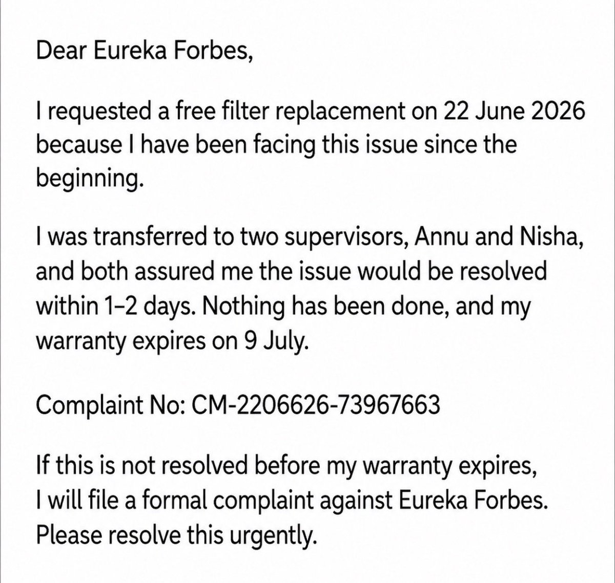 aabidbhat's tweet photo. If this is not resolved before my warranty expires, I will file a formal complaint  @EurekaforbesIN @jagograhakjago @CPCINDIA https://t.co/Qx1R5rSYBu