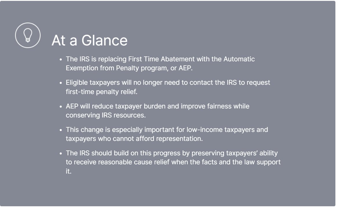 PKubeyEA's tweet photo. In today's hot #IRS news, FTA is out/AEP is in. The IRS just issued a news release on the new automatic penalty relief provisions coming this summer. @YourVoiceAtIRS just published a great blog post with a handy summary graphic. https://t.co/Fybx8PFyxz https://t.co/grhsEC3ugm