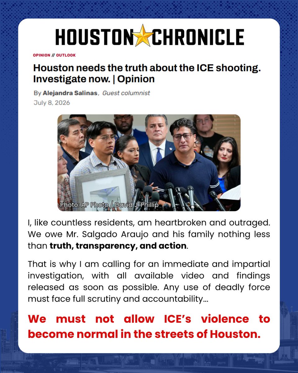 salinasforhtx's tweet photo. We must not allow ICE's violence to become normal in the streets of Houston.

My op-ed in the @HoustonChron echoes family and community demands for an immediate and impartial investigation into the killing of Lorenzo Salgado Araujo, with all available video and findings released as soon as possible.

To every Houstonian living with fear, regardless of status, please know that you belong here. Thousands of Houstonians are ready to stand shoulder to shoulder with you, and I am one of them.

I was proud to stand alongside Mr. Salgado’s family this morning, and I will continue standing with our community in the long days ahead.