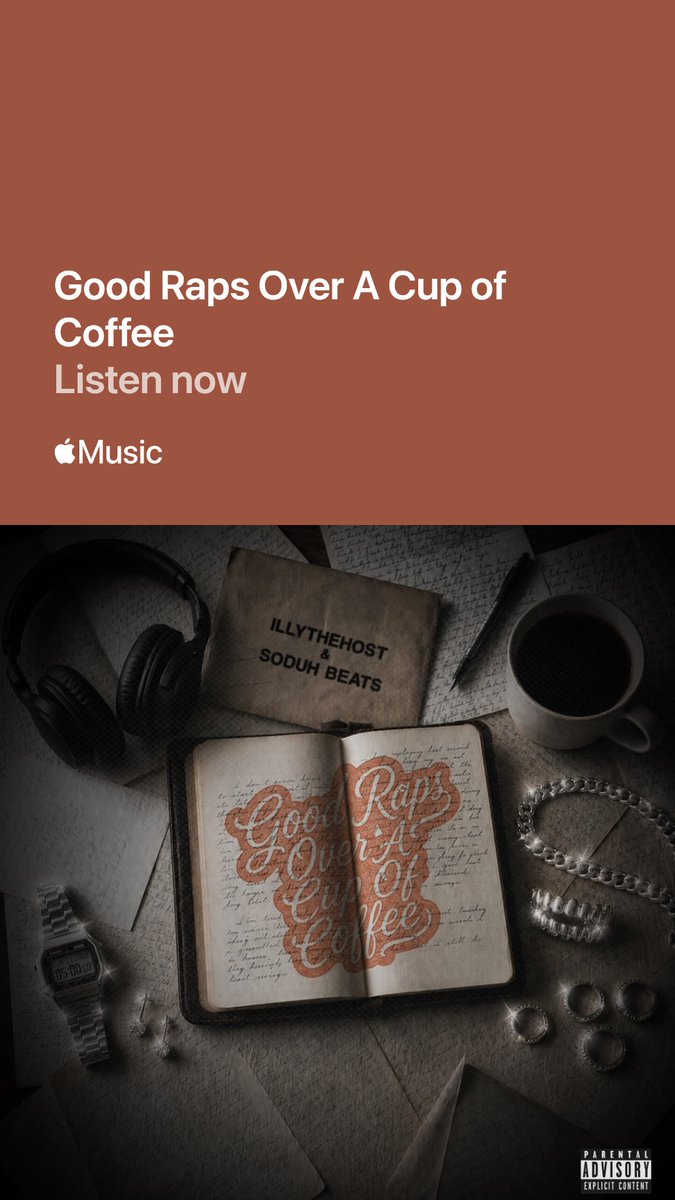 illythehost's tweet photo. I'M HERE TO TELL YOU THAT 'BEEN A GAWD' FEATURING @jimmywizmusic AND @APWORDSMITH IS PLAYING NOW ON BARS[PLAYLIST]. 

S/O TO @AppleMusic MAAN! I'M SO EXCITED! ON SUNDAY WE WERE ON 5 DIFFERENT PLAYLISTS! 

ALBUM: https://t.co/yjvJ2HzdP7

GOOD RAPS OVER A CUP OF COFFEE https://t.co/vfjb3OaqD3