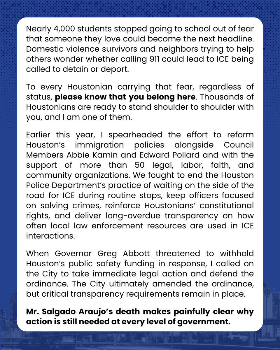 salinasforhtx's tweet photo. We must not allow ICE's violence to become normal in the streets of Houston.

My op-ed in the @HoustonChron echoes family and community demands for an immediate and impartial investigation into the killing of Lorenzo Salgado Araujo, with all available video and findings released as soon as possible.

To every Houstonian living with fear, regardless of status, please know that you belong here. Thousands of Houstonians are ready to stand shoulder to shoulder with you, and I am one of them.

I was proud to stand alongside Mr. Salgado’s family this morning, and I will continue standing with our community in the long days ahead.