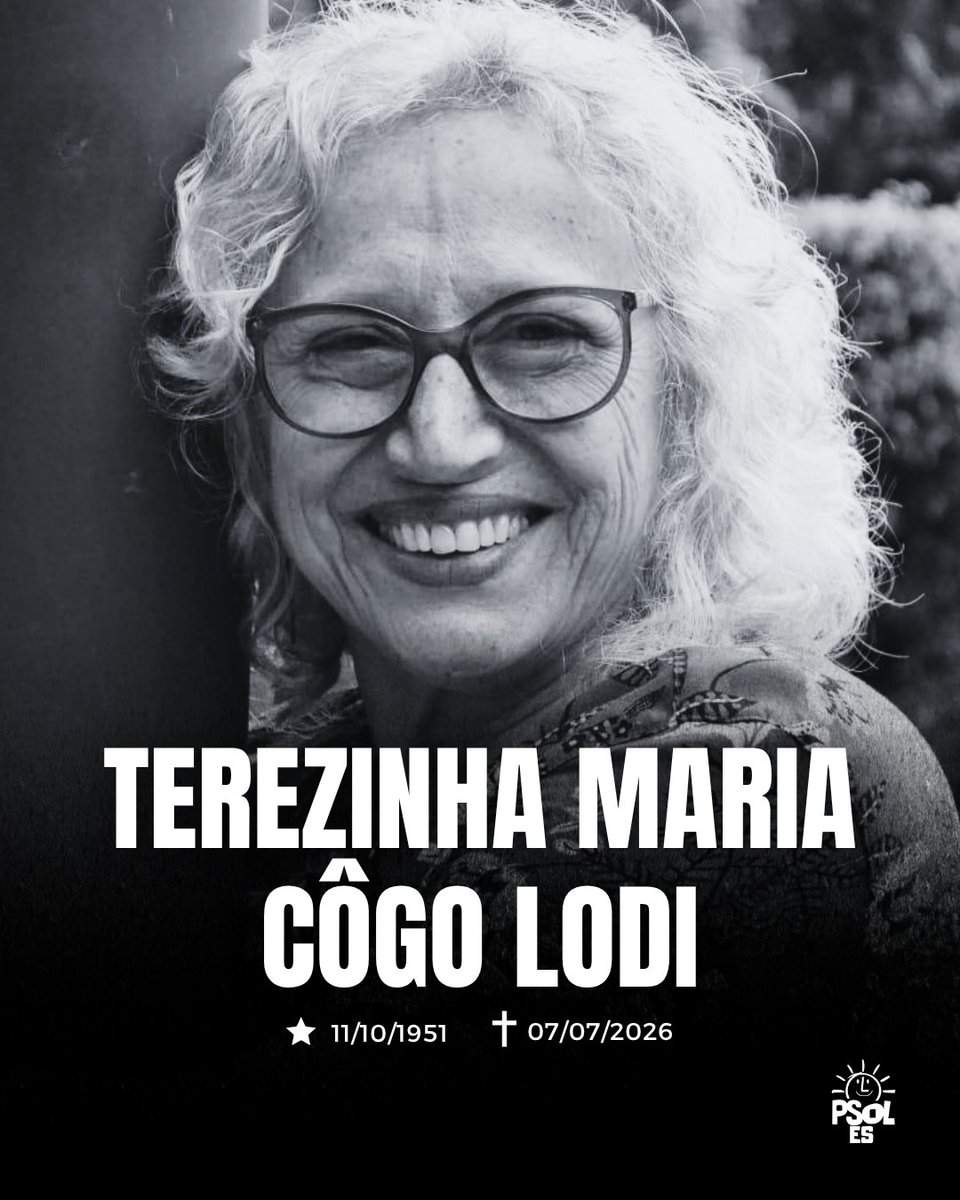 psol50es's tweet photo. O PSOL Espírito Santo manifesta sua solidariedade  pelo falecimento de Terezinha Maria Cogo Lodi. Estendemos nossas condolências a seu marido, Cláudio, e toda a família neste momento de dor. Nossos sentimentos e um abraço solidário.
Terezinha presente! https://t.co/eNz2Wwv998