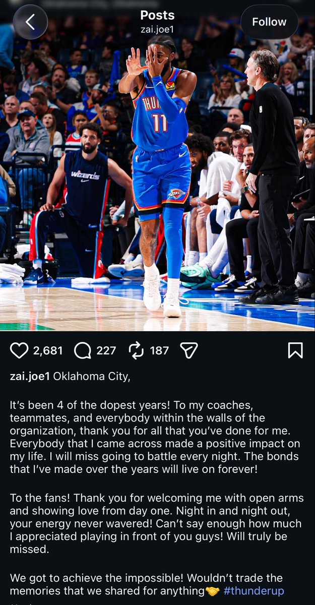 NEWS9's tweet photo. Isaiah Joe says goodbye to the OKC Thunder on his Instagram following his trade to the Detroit Pistons. 

“Wouldn’t trade the memories that we we shared for anything🤝 #Thunderup” https://t.co/PhsPEXxqRt