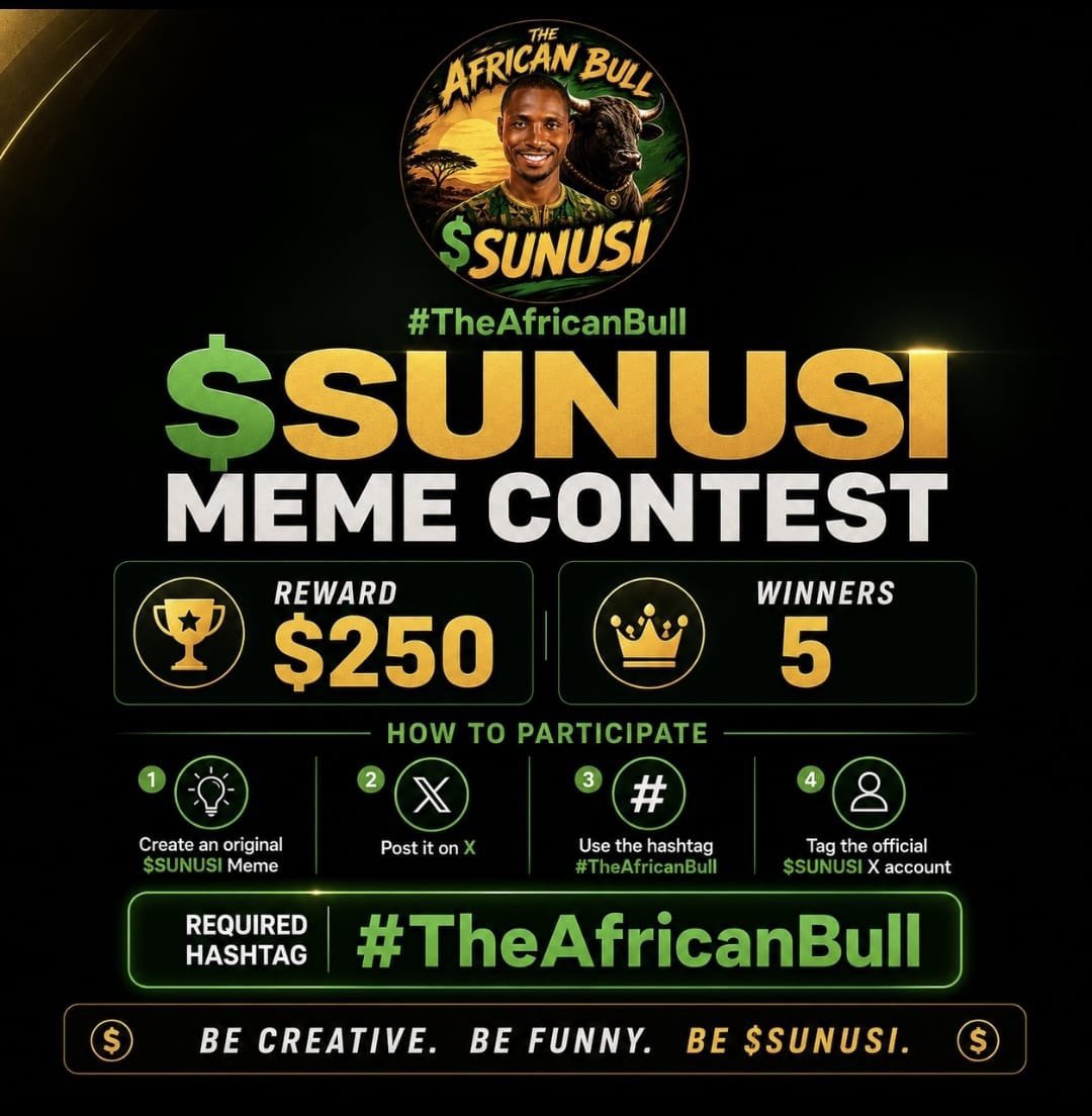 Yusi0x's tweet photo. $SUNUSI Meme Contest is Live!

Think you’ve got the funniest or most creative $SUNUSI meme? This is your chance.

Here’s how to join:

✅ Create your best $SUNUSI meme
✅ Drop it in the comments under this post:

https://t.co/OMnO35rhty

✅ Include your Solana wallet address

✅ Tag 3 friends

✅ Use the hashtags $SUNUSI #TheAfricanBull

✅ Like, repost this post, and follow @SunusiMinjibir & @theafricanbulll

Bring your best creativity. The community is watching. 🐂