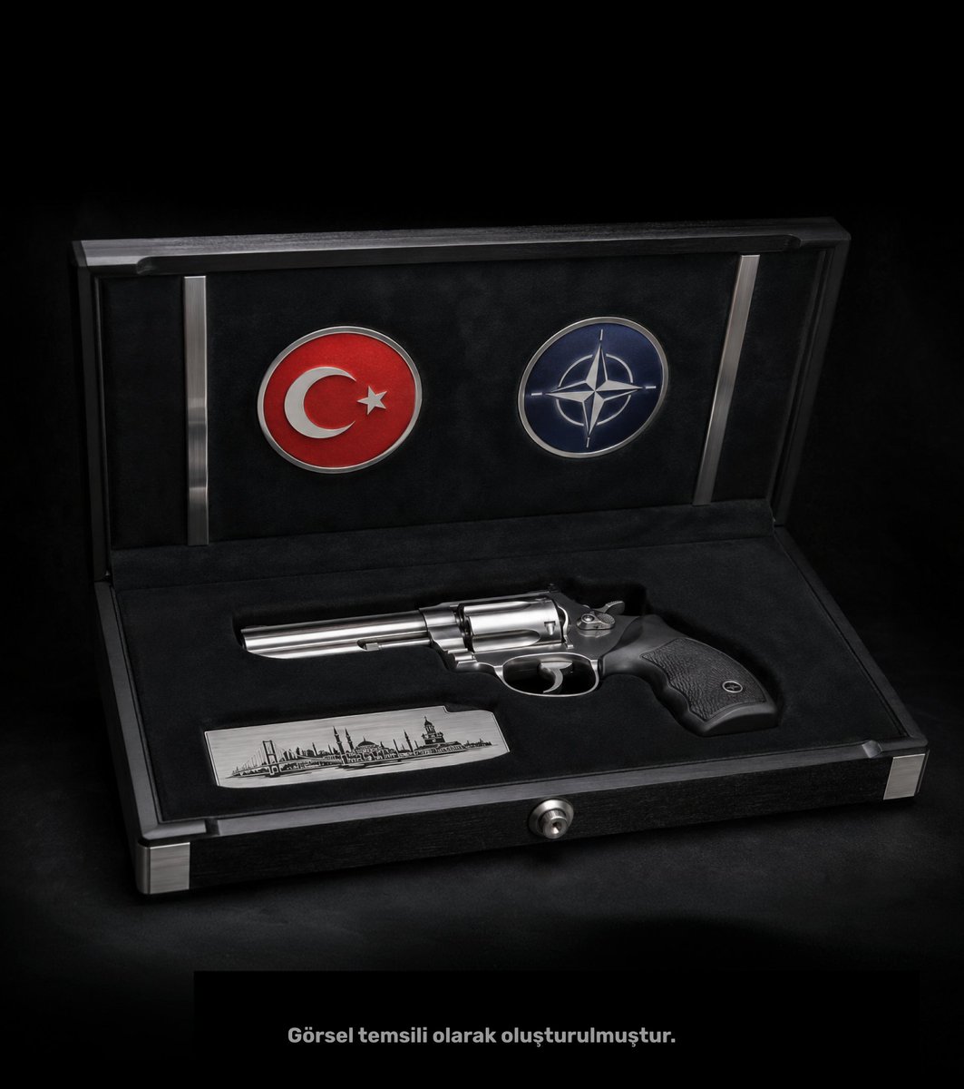 bpthaber's tweet photo. Cumhurbaşkanı Erdoğan, NATO liderlerine içerisinde mermi bulunan özel üretim Revolver tabanca hediye etti. (Financial Times) https://t.co/fxtFc8AylK