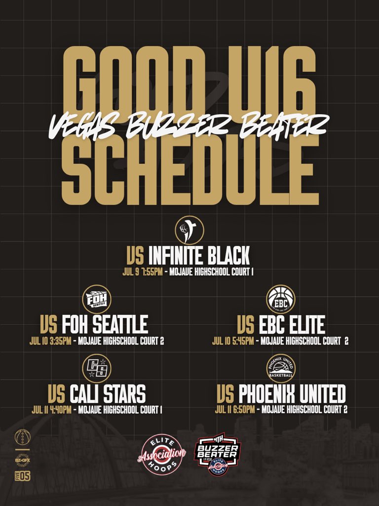 GOODHoopsCo's tweet photo. Vegas, we’re up. 📍

The schedule is locked in for the GOOD U16 &amp; U17 squads at the @EHACircuit / @HiTopHoops Las Vegas Buzzer Beater. Another opportunity to compete against some of the best independent and circuit programs in North America.

☀️⏰ https://t.co/pwlfp9NgVT