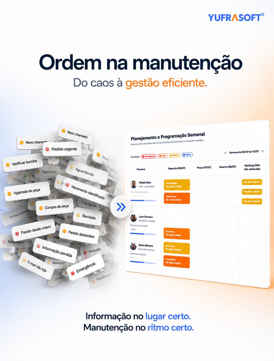 yufrasoft's tweet photo. A maioria dos problemas da manutenção não está no equipamento.

Quando todos trabalham com a mesma informação, as prioridades ficam claras e a operação ganha velocidade.

Informação no lugar certo.
Manutenção no momento certo.

#CMMS #ManutencaoIndustrial #PCM #YufraCMMS https://t.co/CaiJIMKnwc