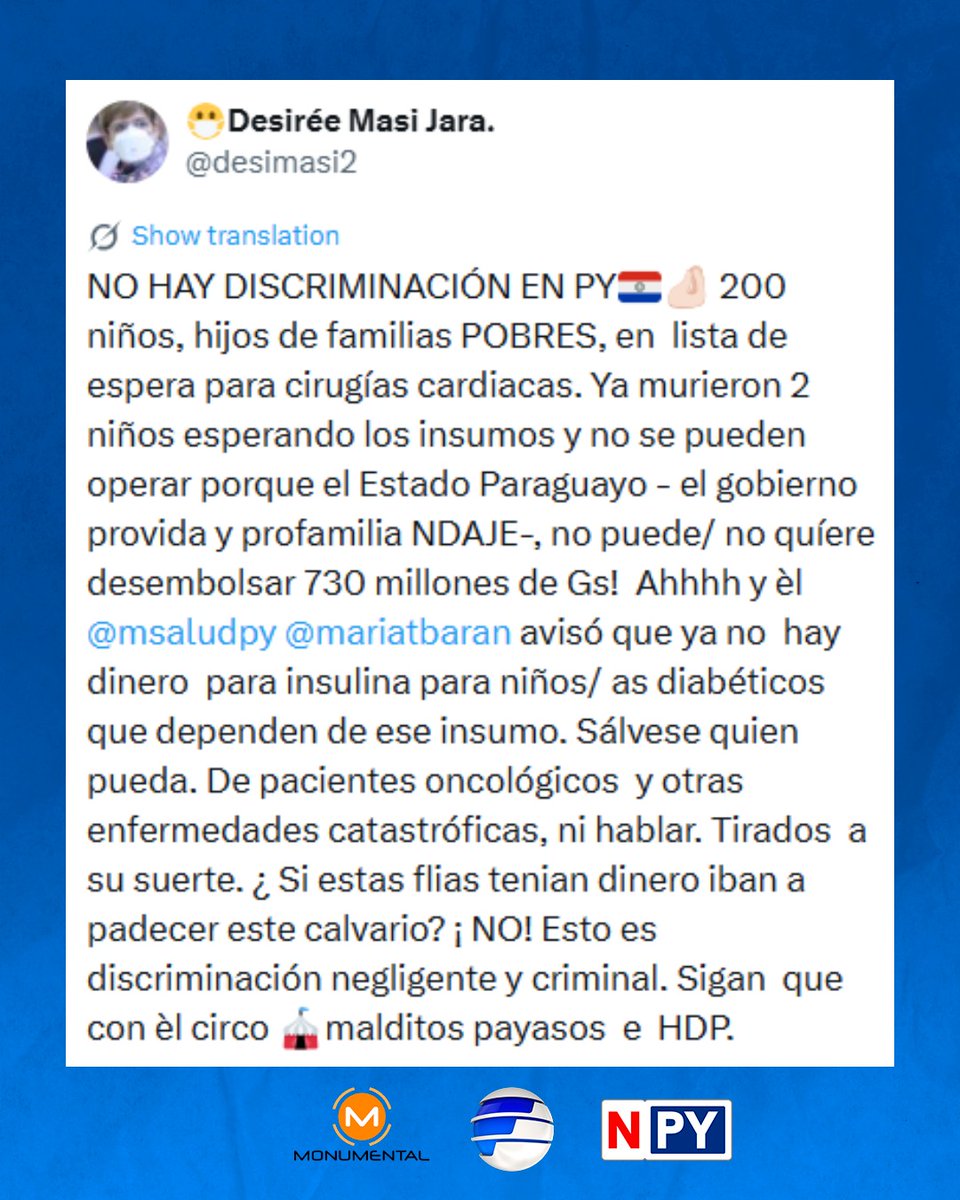 AM_1080's tweet photo. 🔸La exsenadora Desirée Masi cuestionó que se sostenga que "no hay discriminación en Paraguay" y afirmó que unos 200 niños de familias pobres esperan cirugías cardíacas por falta de recursos. Además, denunció que no hay fondos para insulina destinada a niños con diabetes y calificó la situación como una "discriminación negligente y criminal".

#ComunidadMonumental 📻