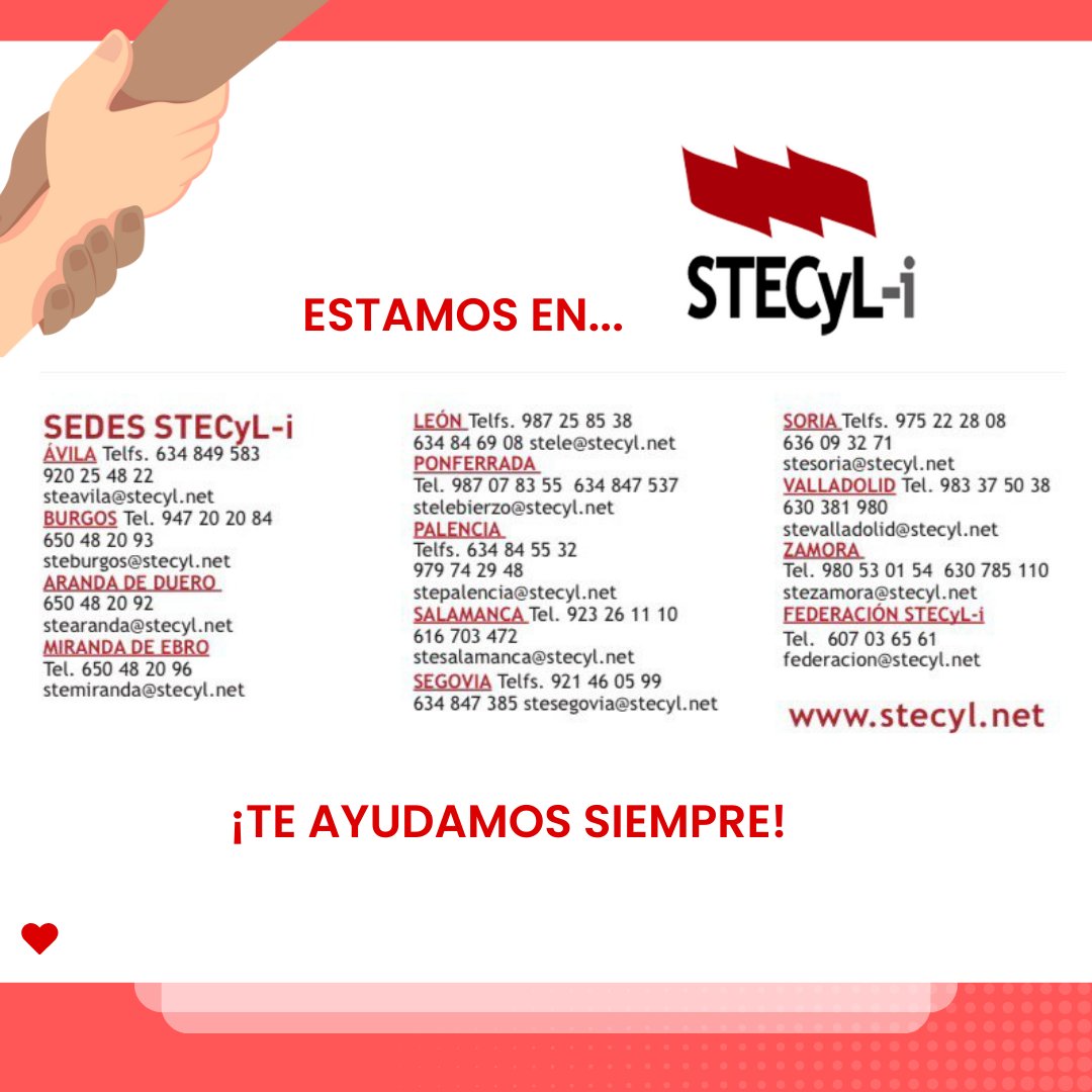 SindicatoSTECyL's tweet photo. 📢 #STECyLInforma 📲 Si necesitáis nuestra ayuda, aquí os dejamos la información de nuestras sedes.

😉 ¡¡TE AYUDAMOS!!

🔗https://t.co/wsYkMZPUoQ https://t.co/SMLo1Jy6Ov