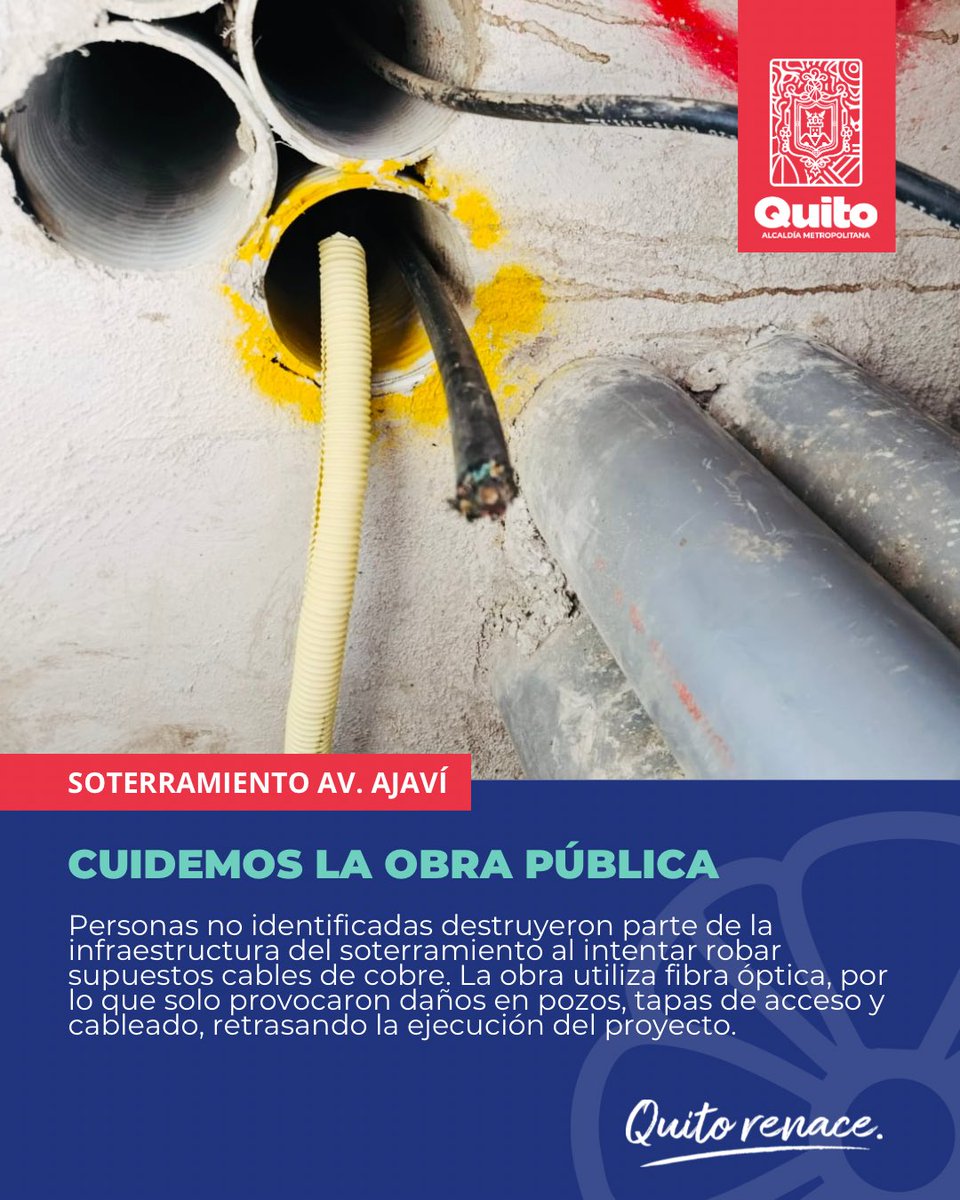 habitatdequito's tweet photo. 🚧 #QuitoEnControl | Vándalos destruyeron parte de la infraestructura del soterramiento en la av. Ajaví al intentar robar supuestos cables de cobre. La obra utiliza fibra óptica, por lo que solo ocasionaron daños.
Más detalles aquí ➡️ https://t.co/FAiOJuqPgh
🏙️ #QuitoRenace https://t.co/qdAaE2XF61