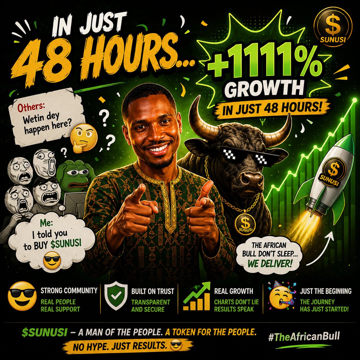 bagadaxa's tweet photo. @theafricanbulll POV: You laughed at $SUNUSI 48 hours ago... 😂
48 hours later: +1111% 📈🐂
The African Bull doesn't waste time arguing... it just keeps charging! 🚀
#TheAfricanBull #SUNUSI #BullRun #Crypto #MemeContest #Solana
Wallet: 8W3E6ndaVYtg46K9B7Eu3LnF8PkKGn5ATqNWGqXfwS4f
@theafricanbull https://t.co/aiOXSzWV3K