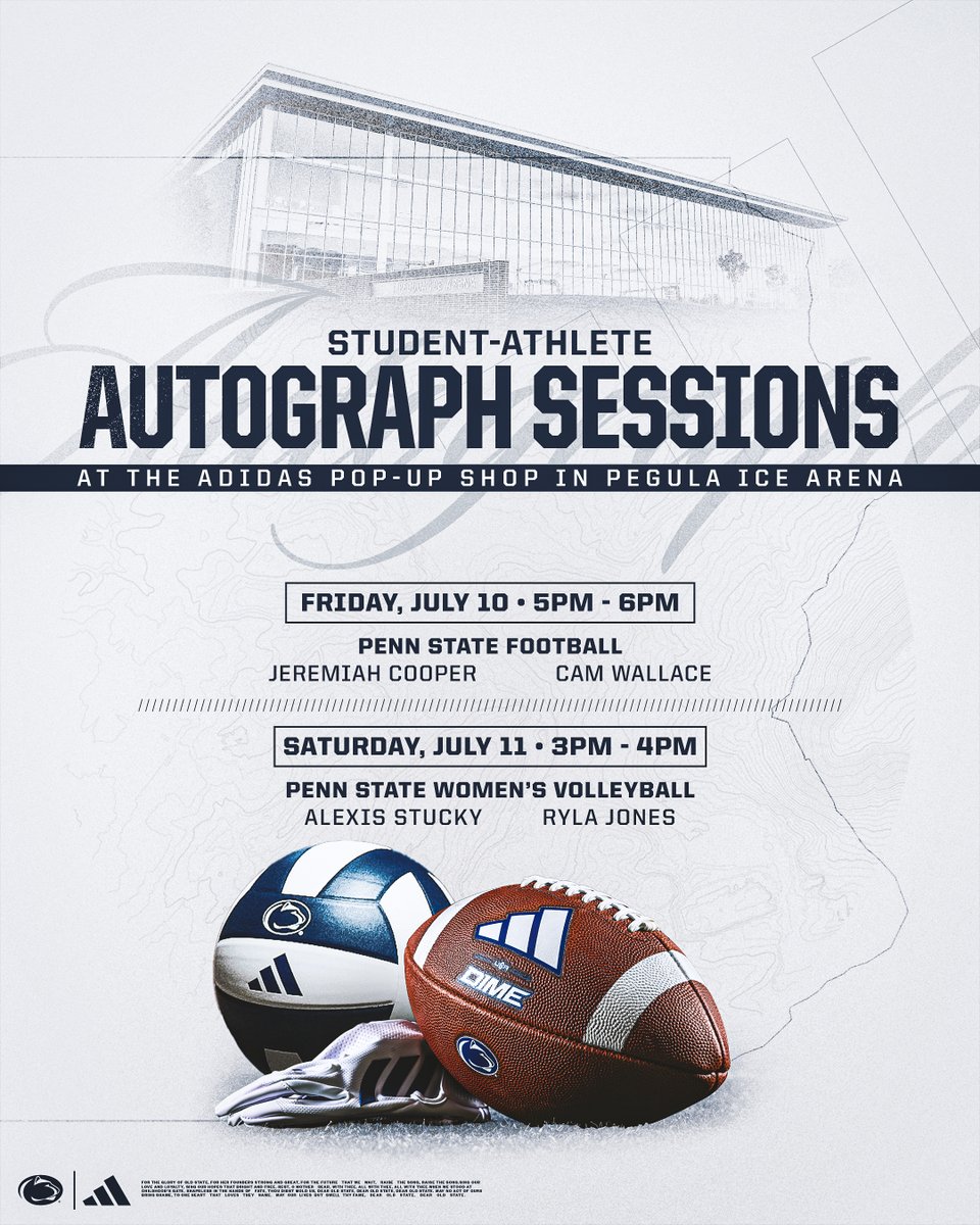 GoPSUsports's tweet photo. Gear up and meet your favorite Nittany Lions! 🦁✍️

Join us at the adidas Pop-Up Shop for student-athlete autograph sessions this weekend!

#WeAre https://t.co/pbMxzDou2g