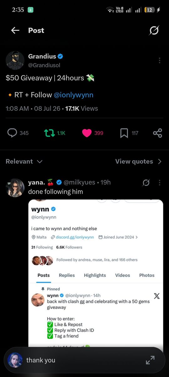 conspicuousKV_'s tweet photo. @Grandiusol @ionlywynn thank you @Grandiusol 

done all tasks

followed you and @ionlywynn 
rt your post as well. https://t.co/pzyEncdG3u
