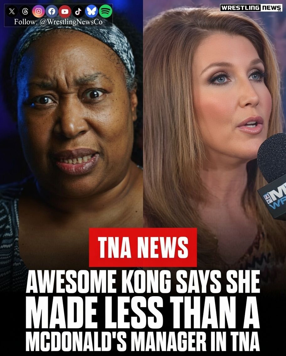 WrestlingNewsCo's tweet photo. Awesome Kong detailed what the TNA Knockouts were paid during the height of the division.

Speaking on the season premiere of Dark Side of the Ring, Kong said she asked TNA for a raise while Kurt Angle was earning over a million dollars a year, stressing she had no issue with his pay. "Kurt Angle deserved more than a million dollars a year, in my opinion. Can you tell me that I'm not worth 1/10 of Kurt Angle?" she said. "As you break it down, I make less than a manager at McDonald's."

Kong said the company did not dispute her numbers. "The reply that I got was, we do not dispute any of the points you made. However, we cannot pay you that sum at this time."

She added that more than two Knockouts who held the TNA Knockouts Championship had to moonlight in blue-collar jobs, including one who worked at a bar and would be recognized by customers. "She would be on TV, and the customers would say, isn't that you? And she would say, yes, may I take your order?"

Parts one and two of Jeff Jarrett's TNA are available now, with part three airing Tuesday at 9 PM ET on Vice TV.

#AwesomeKong #TNA #DarkSideOfTheRing #Knockouts #ProWrestling
