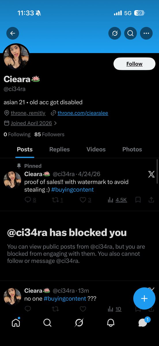 tittysimp's tweet photo. @ci34ra is a scammer beware fellas. I bought a 24 hr gfe and she did send some content for about 10 minutes then ghosted me #buyingcontent https://t.co/wOb8BuBHm3