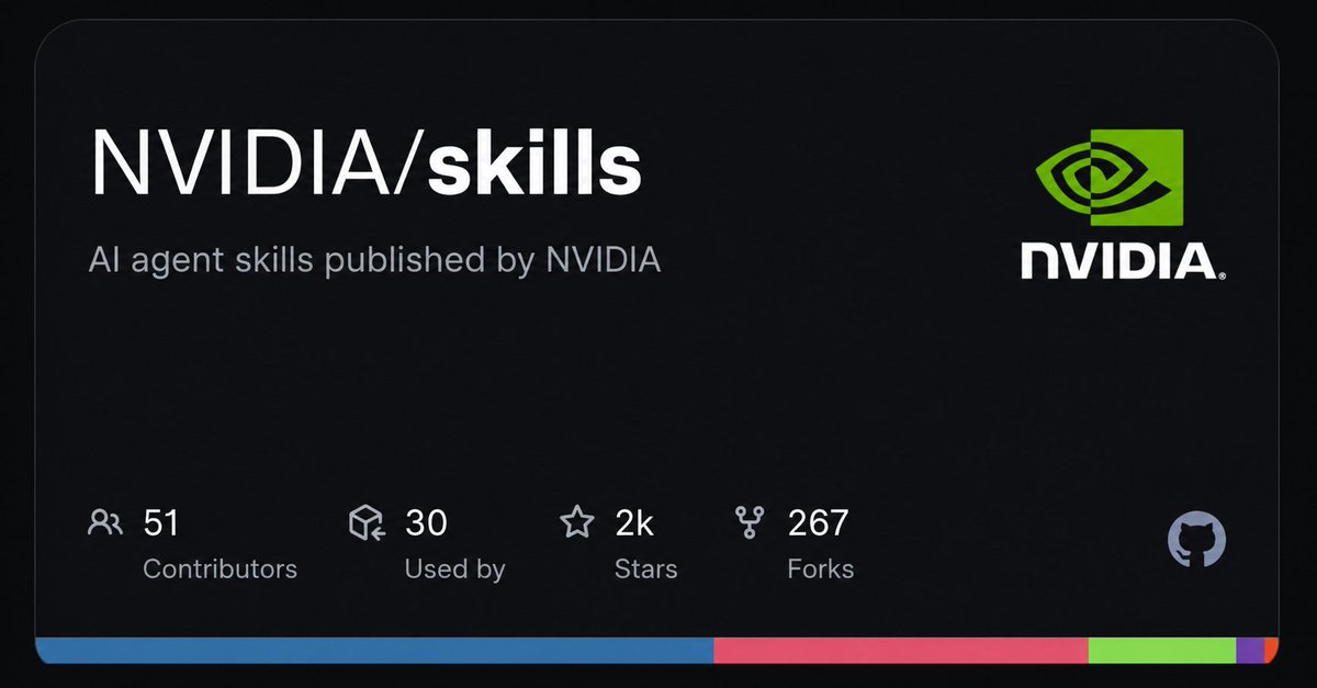 NVIDIA/skills repository card showing the official skill catalog plus contributors, stars, and forks