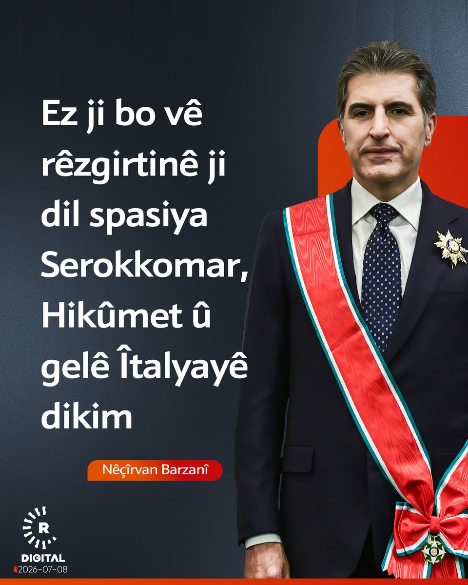 seid_cicek's tweet photo. Îtalyayê ❝Madalyaya Stêrka Îtalyayê❞ da Nêçîrvan Barzanî

Serokê Herêma Kurdistanê Nêçîrvan Barzanî:

🎙 ❝Ez ji bo vê rêzgirtinê ji dil spasiya Serokkomar, Hikûmet û gelê Îtalyayê dikim❞ https://t.co/p5hFNHnOPW
