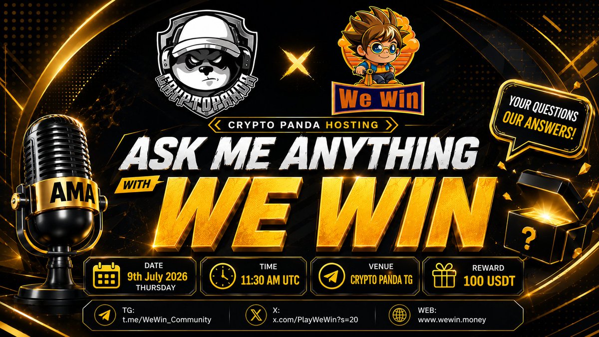 CryptoPanda_gl's tweet photo. 🎙️ Join us for Exclusive #TEXT_AMA with WeWin

🎁 Prize: $1⃣0⃣0⃣ USDT
📆 Date: 9th July 2026
⏰ Time:- 11:30 AM UTC

🐹 Guest - Dany Mawas &amp; Missy Angel

📍Venue : https://t.co/LLzL3GW5yL

‼️ Follow Rules :
1⃣ Follow : @PlayWeWin
2⃣ Like, RT &amp; Tag 3 Friend https://t.co/Ti8wxwdXG4