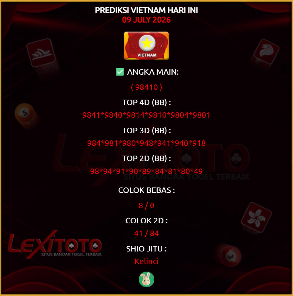 lexitoto_'s tweet photo. Prediksi Vietnam 9 Juli 2026

Link Join : https://t.co/VQlFM0YDB0

lexitoto
#prediksi #prediksihk #prediksisgp #prediksisydney #prediksicambodia #prediksitaiwan #prediksijapan #prediksichina #prediksitop #prediksijitu #prediksihariini #syairtogel #pastibayar #lexitoto https://t.co/cNw8a3qxFx