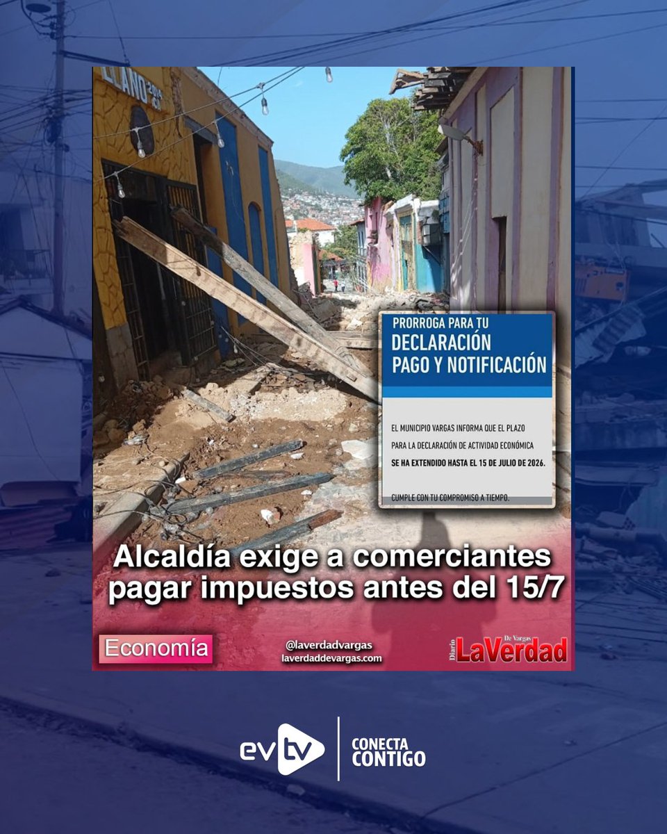 EVTVMiami's tweet photo. 🛑 Comerciantes denuncian cobro de impuestos en Vargas tras devastadores terremotos

🚨 Comerciantes de La Guaira denunciaron que la Alcaldía chavista de Vargas, bajo la gestión de José Manuel Suárez, mantiene las exigencias de pagos tributarios y la declaración de actividad económica en plena emergencia por los sismos del 24 de junio. 

📌 El municipio otorgó una prórroga hasta el 15 de julio, pero la medida desató fuertes críticas en el sector comercial afectado ante la actual situación.

🏚️ "La mayoría de los negocios guaireños fueron devastados por los dos terremotos y en vez de apoyarnos, nos están obligando a pagar sin tener con qué", fustigó uno de los afectados.

⚠️ Ante la pérdida de bienes y fuentes de trabajo en una de las zonas más golpeadas por la tragedia, los comerciantes exigen a las autoridades locales frenar la presión fiscal y evaluar medidas reales de auxilio económico en lugar de imponer cobros en medio del desastre.

 #NoticiasEVTV #LaGuaira #TerremotoEnVenezuela