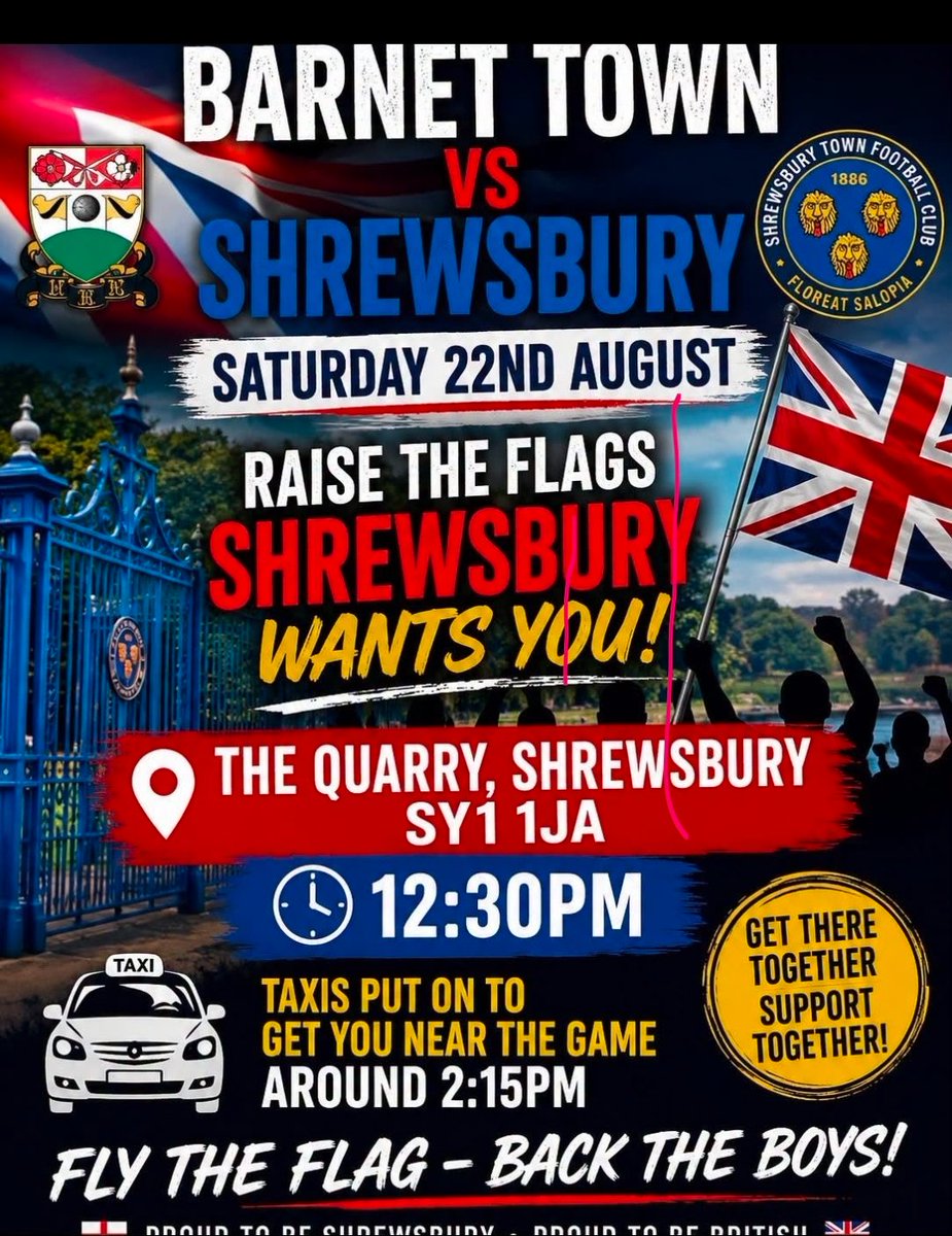 Jikan's tweet photo. @shrewsburytown Are you aware a racist far-right group are trying to entice your supporters to take part in their next 'protest'? Your logo is on their poster, which can imply you are endorsing them https://t.co/eU7ohjenyl