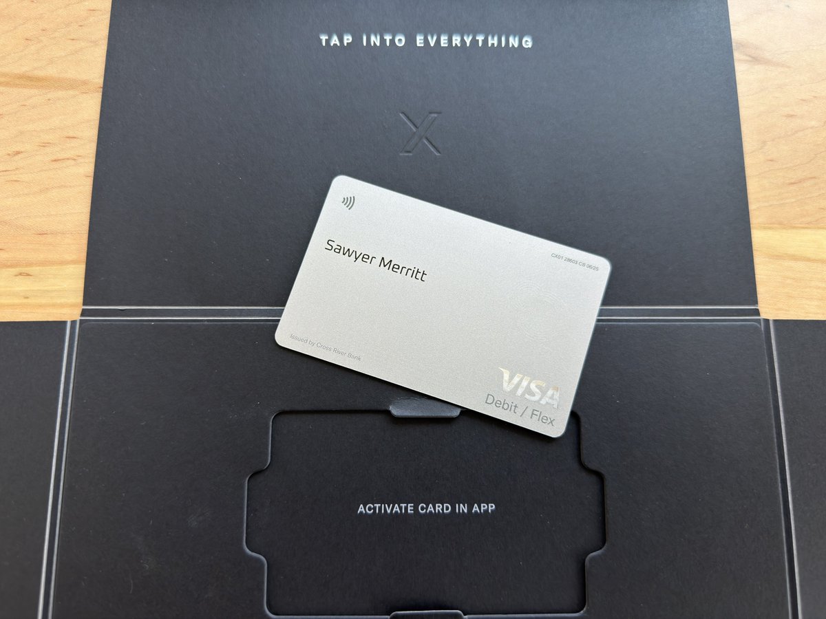 SawyerMerritt's tweet photo. Just got my metal 𝕏 Money card.

Very clean design https://t.co/jsABUvkRXW