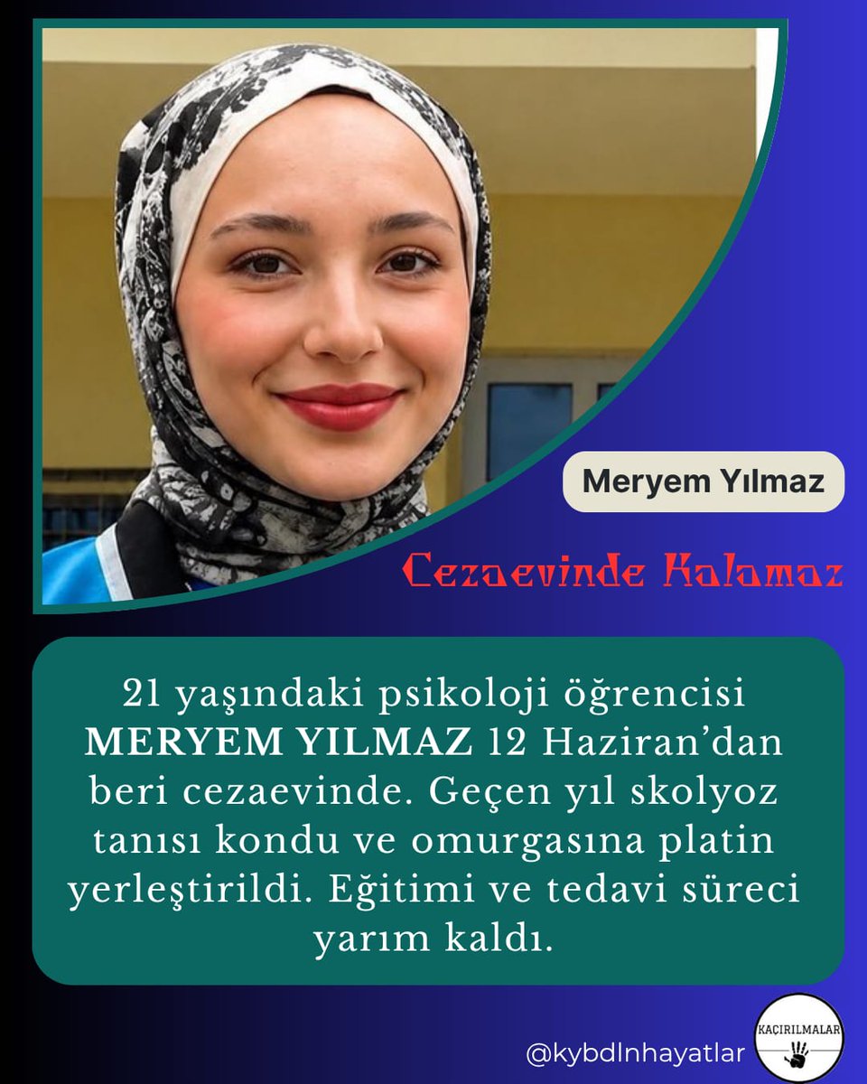 HrSes3's tweet photo. Saglik kosullari sebebiyle üniversitesini bile yarim birakan Meryem Yilmaz'in yeri 
Türkiye Cezaevleri olabilir mi?! Hem de hicbir sucu yokken?!
@adalet_bakanlik https://t.co/2ZTmbDD1JY