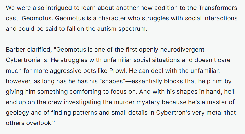 comicvisibility's tweet photo. The disabled comic character OTD is Geomotus from Transformers, who is autistic!

Geomotus is one of Cybertron's best geologists and a dedicated scientist. He appears in Transformers (2019) #3-4, 9, 14, 21, 34-36 and Transformers: War's End. https://t.co/4RImWYslN6