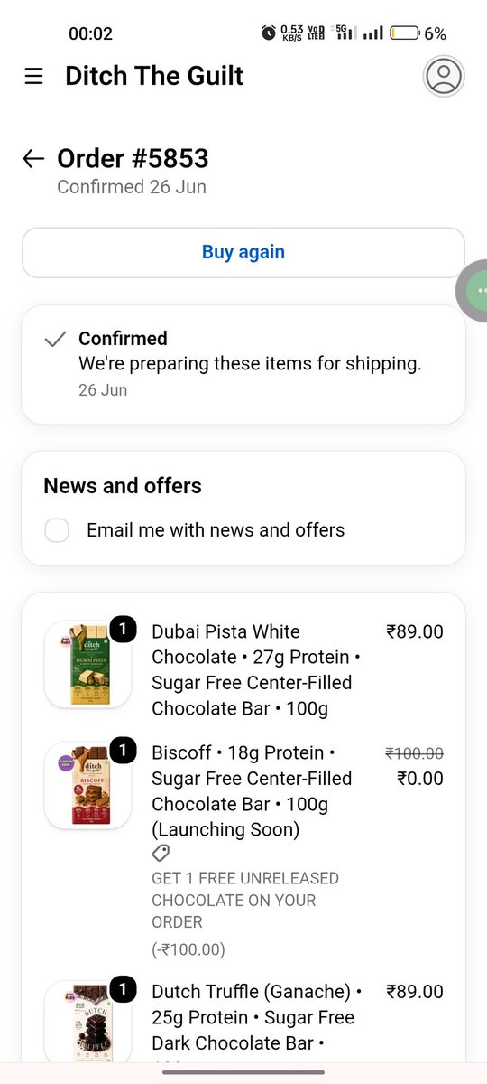iamthearijit1's tweet photo. Very disappointed with #DitchTheGuilt. I placed Order #5853 on 26 June and paid ₹178 for 3 chocolate bars. The order has never been shipped, there's been no update, and the WhatsApp number listed on the website (+91 90043 48433) isn't even on WhatsApp. No response to my queries. https://t.co/szEFNgivLg