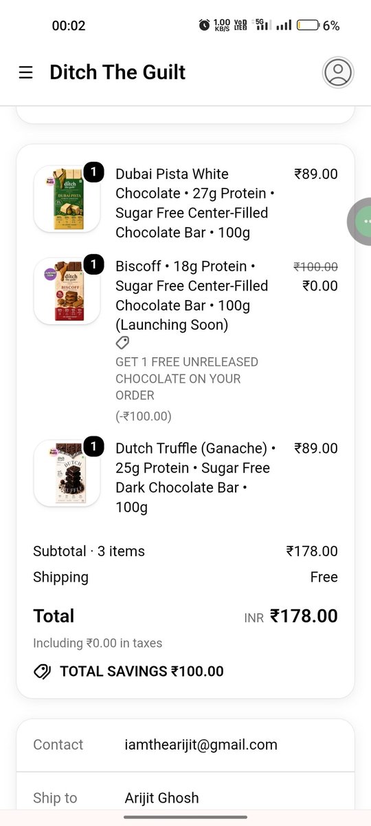 iamthearijit1's tweet photo. Very disappointed with #DitchTheGuilt. I placed Order #5853 on 26 June and paid ₹178 for 3 chocolate bars. The order has never been shipped, there's been no update, and the WhatsApp number listed on the website (+91 90043 48433) isn't even on WhatsApp. No response to my queries. https://t.co/szEFNgivLg