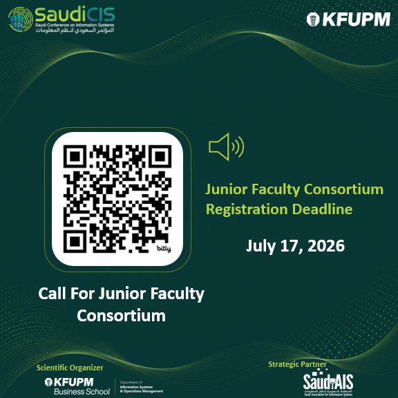 Saudi_AIS's tweet photo. انطلاقًا من أهمية دعم التطور المهني لأعضاء هيئة التدريس في المراحل الأولى من مسيرتهم الأكاديمية، يسر المؤتمر السعودي الثاني لنظم المعلومات (#SaudiCIS2026) الإعلان عن فتح باب التقديم على Junior Faculty Consortium (JFC)، والمقام في جامعة الملك فهد للبترول والمعادن.

يهدف البرنامج إلى دعم أعضاء هيئة التدريس في بداية مسيرتهم الأكاديمية من خلال جلسات متخصصة تُعنى بالتطوير المهني، والبحث العلمي، والتميز في التدريس، والخدمة الأكاديمية. كما يُتيح للمشاركين فرصة الالتقاء بنخبة من الأكاديميين والاستفادة من خبراتهم في التخطيط للمسار الأكاديمي، وإدارة متطلبات الترقية الأكاديمية، وبناء شبكة من العلاقات المهنية.

ويتناول البرنامج عددًا من المحاور الرئيسة، منها:
⭐ النشر العلمي
⭐ التخطيط والتطوير المهني
⭐ الترقية الأكاديمية
⭐ التوازن بين الحياة المهنية والشخصية

⏳ آخر موعد للتقديم: 17 يوليو 2026
📅 موعد الفعالية: 18 أكتوبر 2026

🔗 للتسجيل والاطلاع على التفاصيل:
https://t.co/VPrRTw2aAc