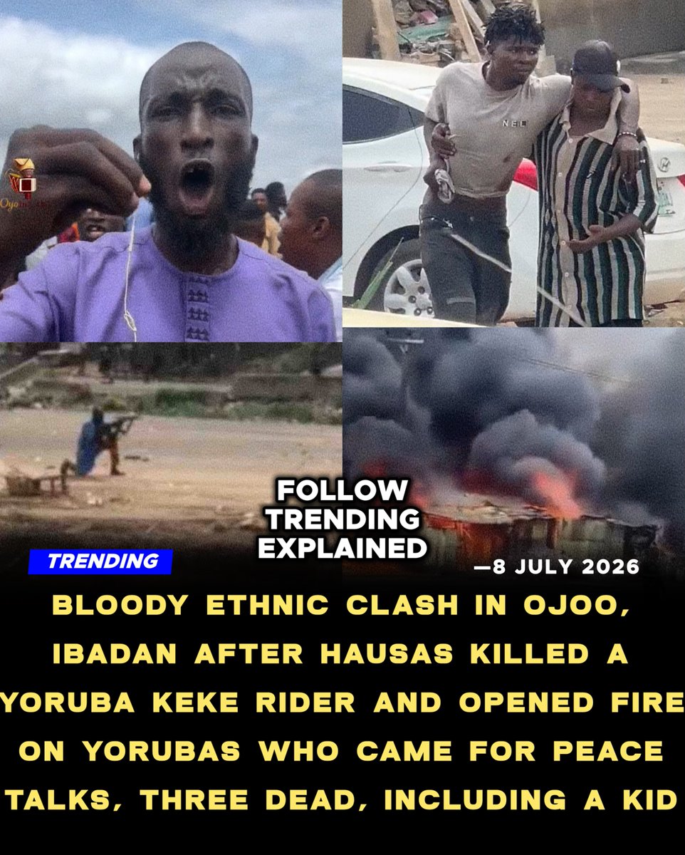 TrendingEx's tweet photo. Ojoo is trending because of a bloody clash between Hausa traders and Yorubas in Ojoo area of Ibadan, which left 3 dead, including a kid, and left many seriously injured with gun wounds. [Full]

It started yesterday night when a Yoruba Keke rider withdrew cash from an Hausa POS, but after collecting the money, the transaction failed.

Meanwhile, the Keke rider already gave the money to whom he wanted to settle. 

But waited and offered to drop his phone an keke keys, to prove he’s not running away, so that they could hold on for network to rectify the problem. 

— But it somehow allegedly fell on deaf ears and turned chaotic. 

The POS operator raised alarm, accused the Keke rider, inciting an Hausa mob which sparked an altercation, and then led to multiple stabbing of the Keke rider to his death. 

As he bled, they dumped his body at a street corner and continued with their day. Until Yoruba’s mobilized to rush him to the hospital, where he was confirmed dead enroute, due to the delay.

So, this morning, few Yoruba youths went there to demand answers and peaceful understanding. But instead, they were welcomed with brute violence and chased away. 

As the Yorubas reinforced, an Hausa man identified as “General” came out with an Ak-47 machine gun, stood in the divide like he wanted to mediate peace, but instead, took an offensive position, and started shooting sporadically at the Yorubas, which allegedly strayed and hit a kid on errand to get Indomie.

And then General, commanded the Hausas to attack what’s left of the Yorubas. Who were then forced to fight or be killed. 

Thus, turning into a primal war ground, which allegedly led to the even-out killing of one Hausa person; until authorities intervened.

Despite two police stations and a military base in proximity, the chaos expanded into a burning spree and destruction of businesses. 

Upon arrival, the general was arrested by the army, but his weapon wasn’t seized. According to locals, he’s a police officer.

Now, Yorubas are saying, they are at risk of suffering a midnight reprisal attack as it frequently plays out in North Central, Kaduna, Plateau region. 

Therefore, they want all the Hausas to leave that settlement today. — This is why the tension has sustained.

This story will be update for final confirmed figures on casualties and fatalities recorded.

Follow @TrendingEx for daily explanations!