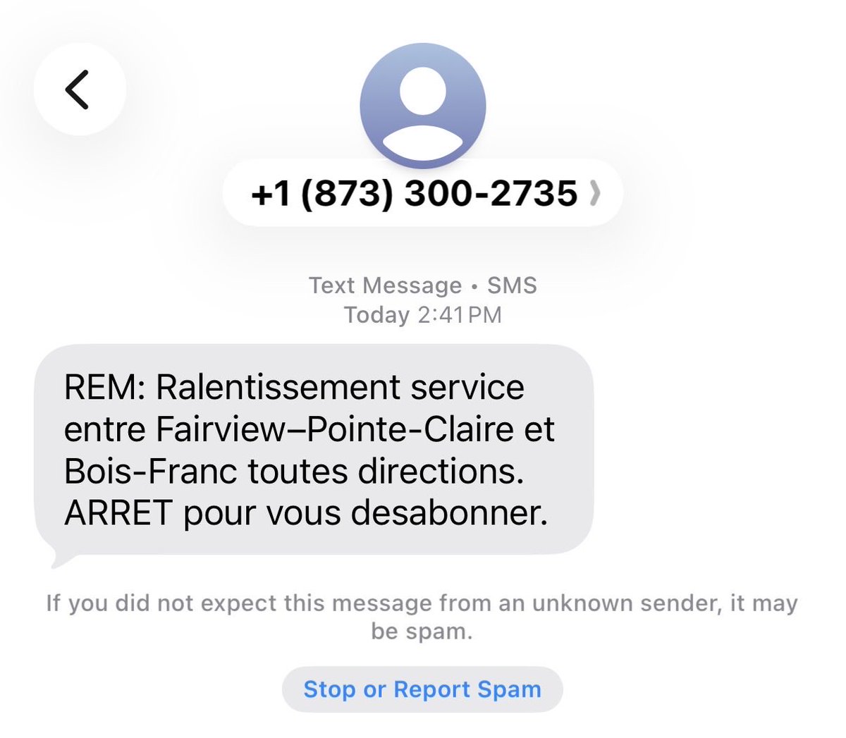 MTLWeatherRL's tweet photo. @REM_infoservice Bonjour, je constate que ce message SMS du 8 juillet 2026 vient d’un autre numéro (voir l’image) au lieu du numéro habituel 736767. Est-ce que c’est normal? https://t.co/j5IpVzaGlM