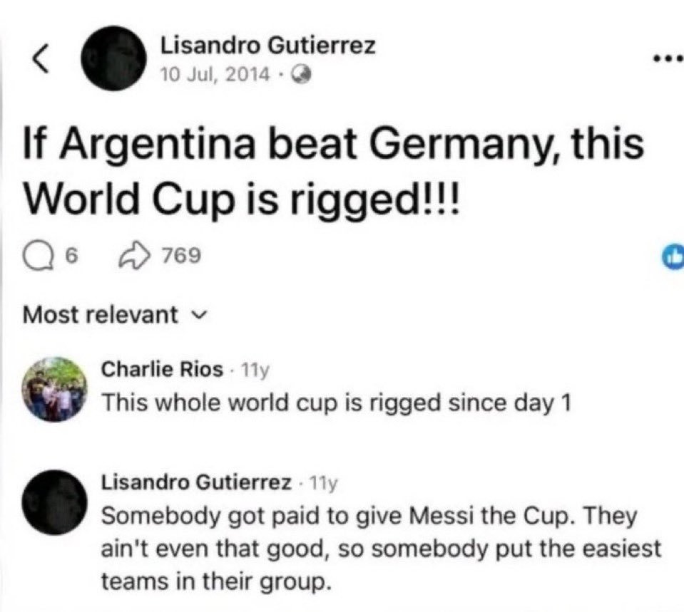 BandileMbhele4's tweet photo. @ypeegh This is what they said about the 2014 world cup, the reason there's no noise is because Messi lost it. So we are used to them calling it rigged whenever he wins. https://t.co/Ie9QQZUcFw