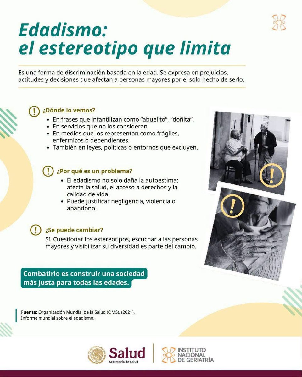 INGER_mx's tweet photo. Combatir el edadismo es construir una sociedad más justa para las personas mayores.
Cuestionemos los estereotipos, escuchemos sus voces y valoremos su diversidad. https://t.co/0bXLWFtsKG