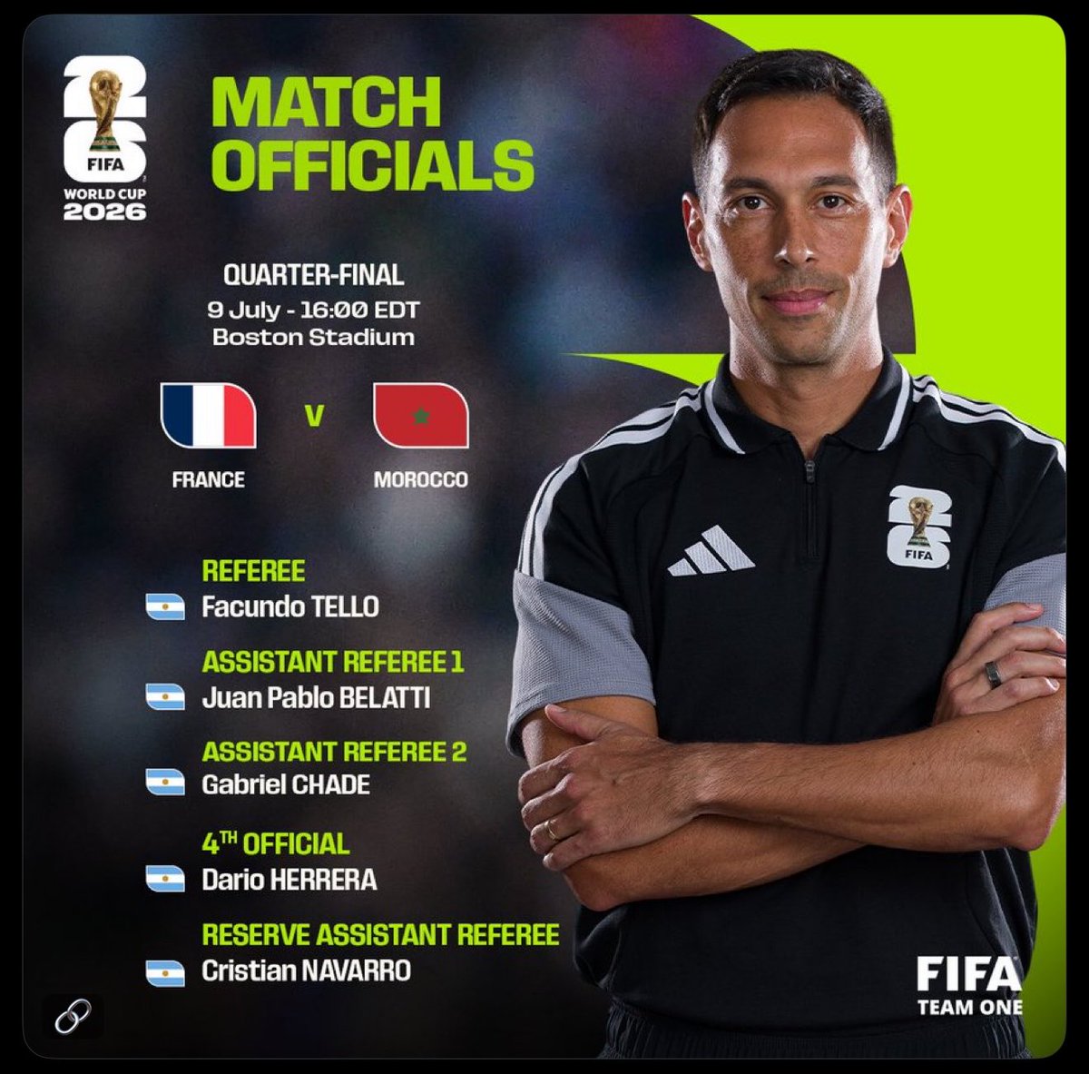 AlertaNews24's tweet photo. 🇫🇷⚽️🇲🇦 | CUARTOS DE FINAL | MUNDIAL 2026: Los árbitros del partido para el encuentro entre Francia y Marruecos han sido designados y serán todos argentinos. https://t.co/UOJqCIpt7l