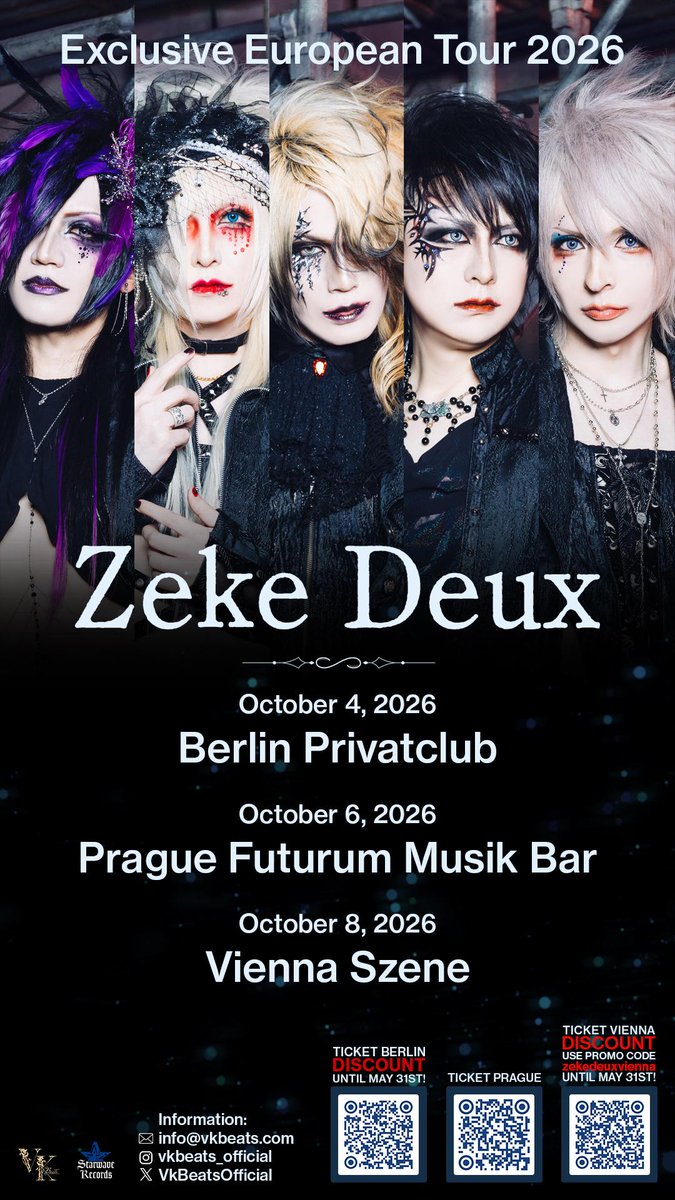 VkBeatsOfficial's tweet photo. Don't miss it 
Prague:
https://t.co/nsd8Ick7bH
Berlin : https://t.co/JzNapEz16b

Vienna : https://t.co/l6PK6ttVuf

#zekedeux
#v系 #concert #japan #jmusic #visualkei #europatour #MusicVibes https://t.co/oaKrlTjIhf
