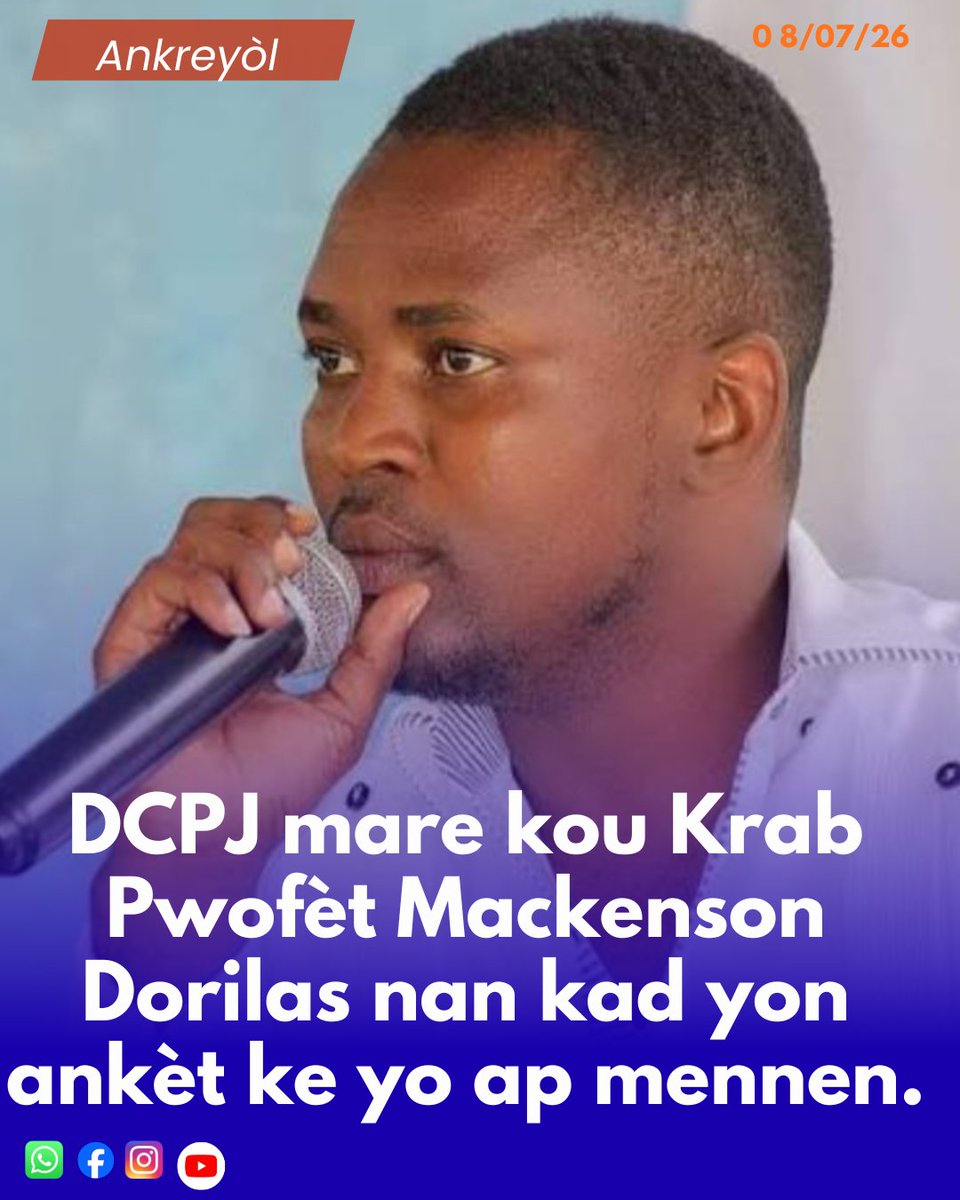 theworldtv12's tweet photo. #Breaking 
DCPJ arete Pwofèt Mackenson Dorilas .
Motif arestasyon sa ,se nan kad yon ankèt ke Ajan #DCPJ yo ap mennen.

#ayiti #Sekirite #Ankreyòl https://t.co/3l5CpCZi0p