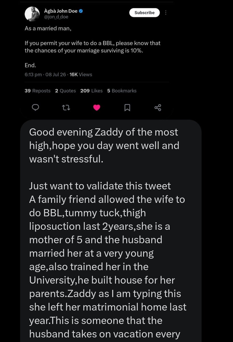 jon_d_doe's tweet photo. Anyways, I don't want to discuss football today.

Let's focus on the topic that I posted earlier on husbands permitting their wives to do a BBL.

Please read 👇 https://t.co/xbRlydGQZf