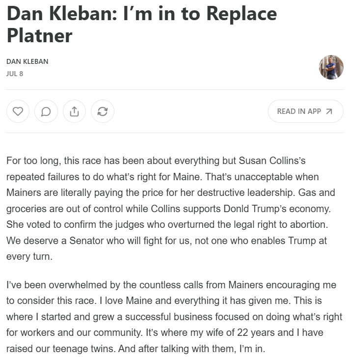 GregTSargent's tweet photo. Dan Kleban, brewery owner in Maine and a candidate that a lot of Dems like, says he's ready to make the run in Platner's place: https://t.co/VfCXgQIV3D