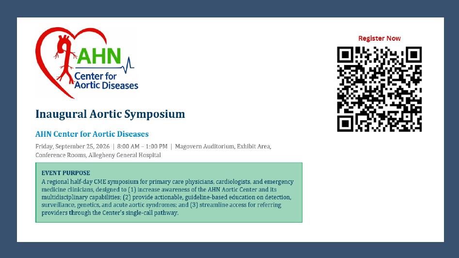 AHN_CVI's tweet photo. Save the Date! 
AHN Aortic Symposium
September 25, 2026 | 8:00am - 1:00pm |Allegheny General Hospital
Register: https://t.co/vIk7Z7diTq https://t.co/26UZIrwCLM