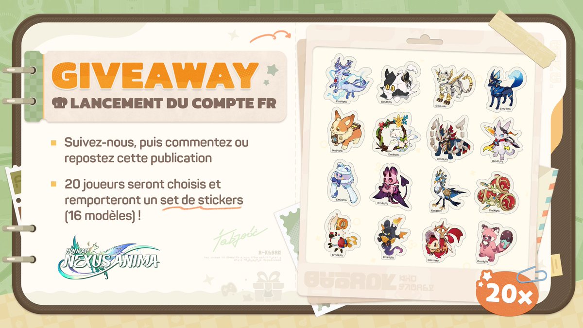 HonkaiNA_FR's tweet photo. 🎁 Giveaway | Le compte officiel français de Honkai: Nexus Anima est ouvert ! 

Pour remercier nos joueurs francophones pendant le #TestdÉvolution, on vous fait gagner un adorable set de stickers Anima ! 

✦ Suivez ce compte
✦ Repartagez cette publication ou laissez un commentaire
✦ 20 personnes seront choisies et recevront chacune un set de 16 stickers Anima !
