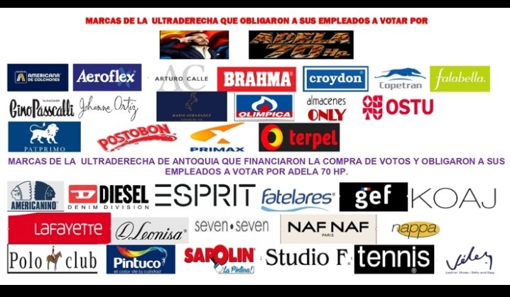 Orlando71156528's tweet photo. ‼️🇨🇴Estas son algunas de las marcas que operan en Colombia, que obligaron a sus empleados a votar por la "patria milagro". 🫡 👎 🤷‍♂️ https://t.co/nqQbKO8b2j