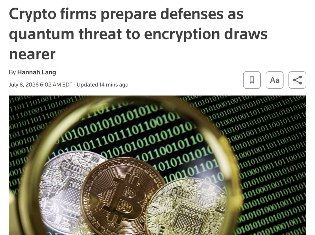 projecteleven's tweet photo. "Will Quantum Crack Crypto? Why Bitcoin Owners Worry" and "Crypto firms prepare defenses as quantum threat to encryption draws nearer"

@Bloomberg yesterday. @Reuters today.

Back-to-back pieces on quantum risk to Bitcoin and cryptography from two major financial outlets.

The story is no longer “will quantum computers matter someday?”

It’s now: exposed public keys, post-quantum migration, block size/signature tradeoffs, and whether decentralized networks and infrastructure providers can coordinate in time to avoid chaos.