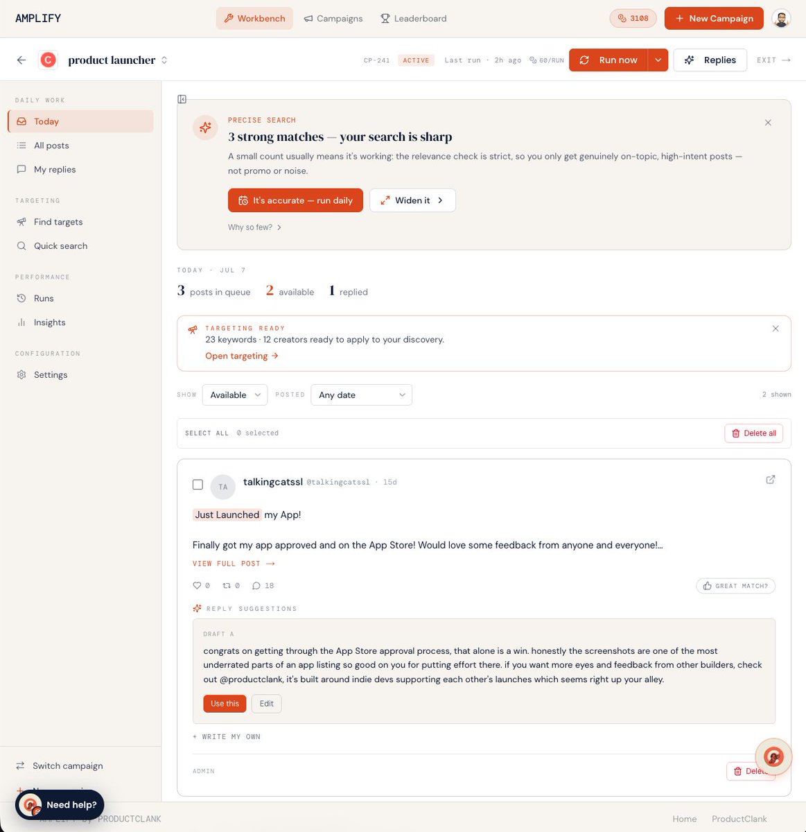 GoldenbergLior's tweet photo. shipped reddit support this week.

you can now point a campaign at a few subreddits, ProductClank pulls the threads actually talking about your product, and drafts a reply you can post.

the hard part wasnt the scraping. reddit auto-removes anything that smells like AI or an ad, so the reply has to genuinely read like a person wrote it. thats where most of the time went.