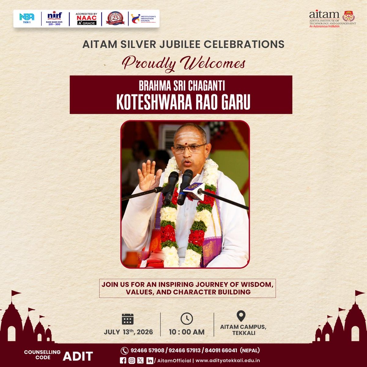 AitamOfficial's tweet photo. Some moments are celebrated. Others are remembered for a lifetime.
As AITAM marks 25 glorious years of academic excellence, innovation, and nation-building, we are privileged to welcome Sri Chaganti Koteswara Rao Garu
#aitam #aitamsilverjubilee #chagantikoteswararao https://t.co/2yL16dygiq