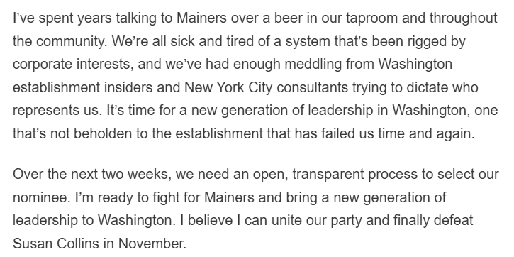 GregTSargent's tweet photo. Dan Kleban, brewery owner in Maine and a candidate that a lot of Dems like, says he's ready to make the run in Platner's place: https://t.co/VfCXgQIV3D
